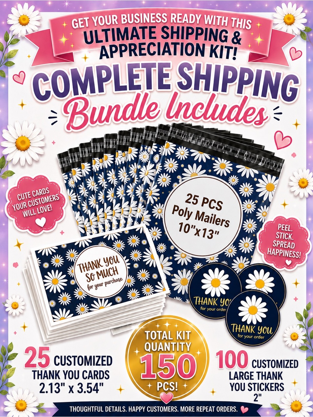 150PC Shipping Bundle, 25 Thank You Cards & 100 Stickers